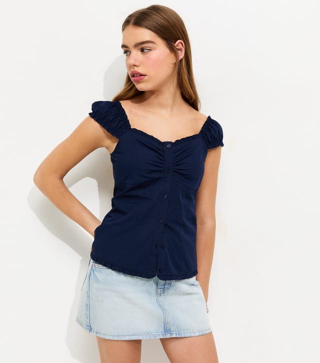 New Look Girls' Navy Pintuck Button Front Top New Look - 2