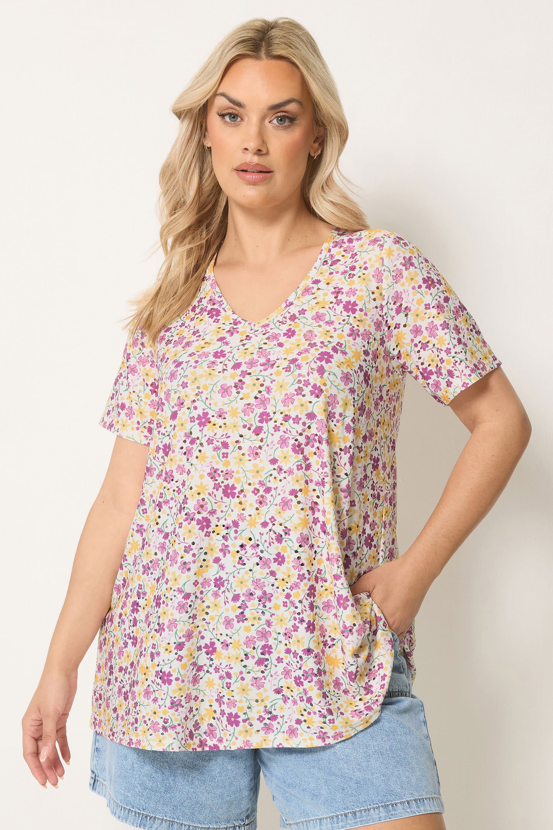Yours Plus Size Purple & Yellow Broderie Swing Top