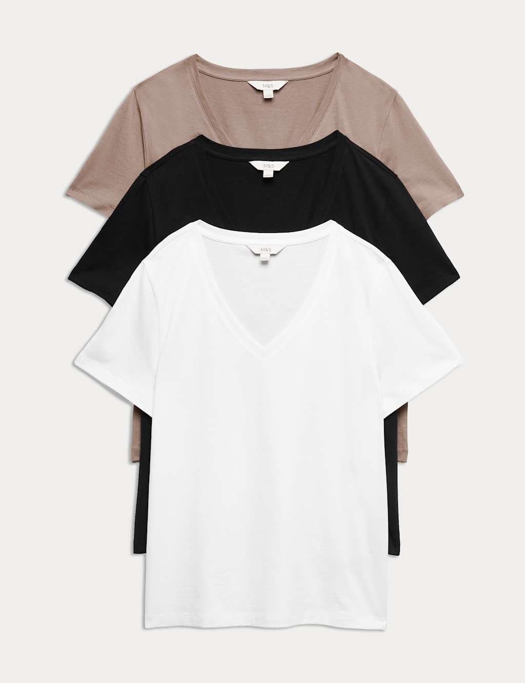 Marks & Spencer M&S 3 Pack Pure Cotton V-Neck T-Shirts Brown Mix