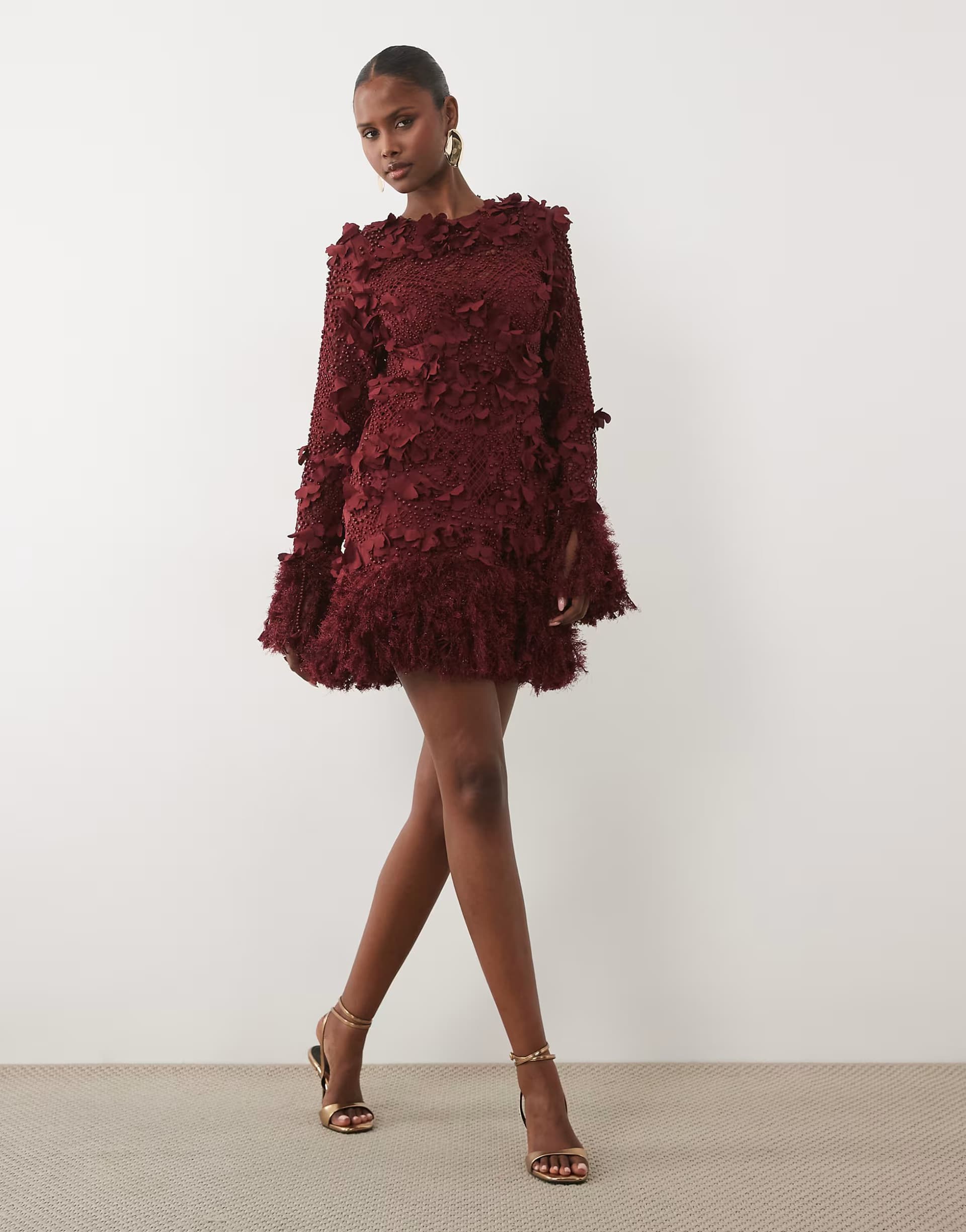 ASOS ASOS LUXE 3D floral embellished broderie mini dress with faux feather trim in burgundy