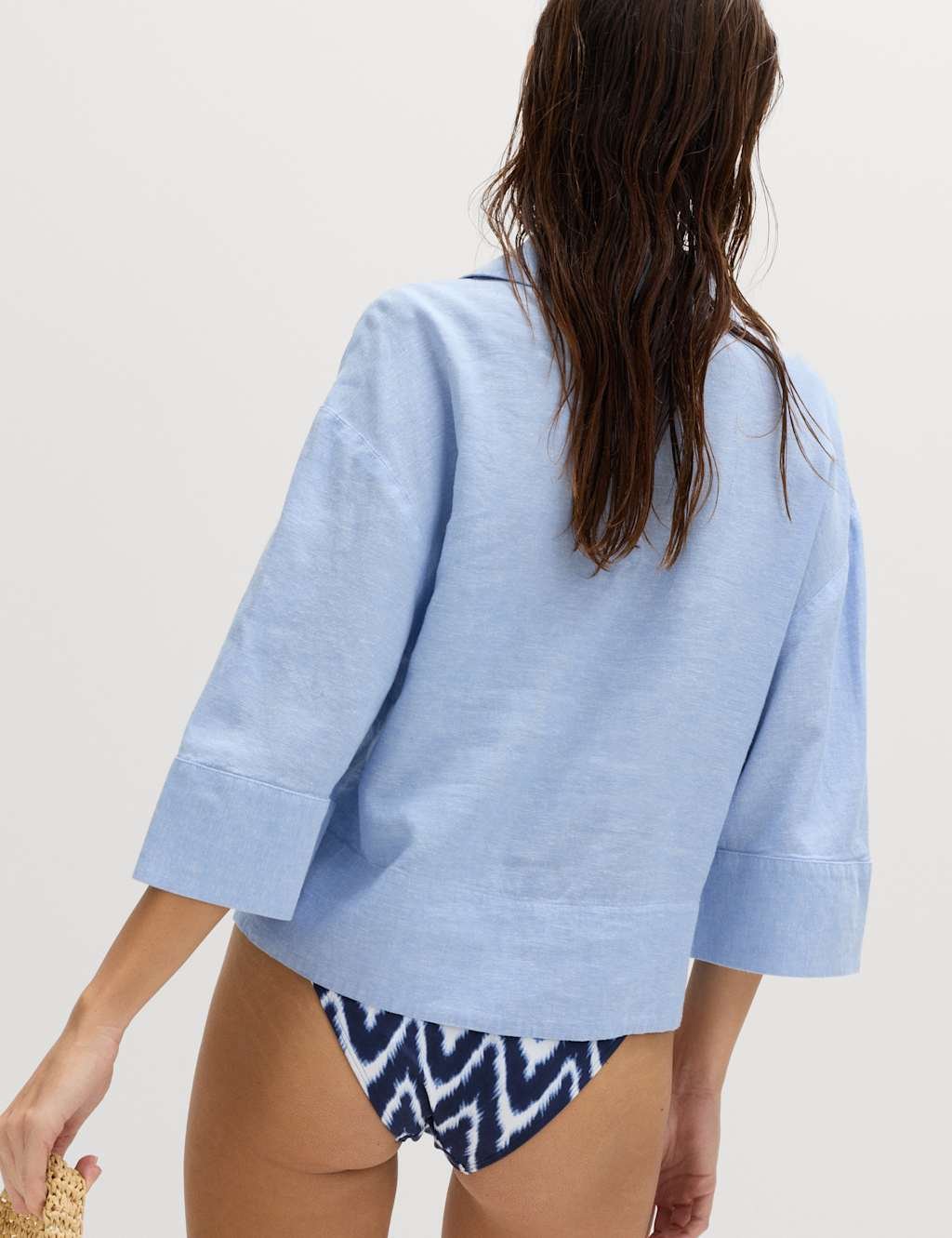 Marks & Spencer M&S Linen Rich Collared V-Neck Popover Top Chambray - 2