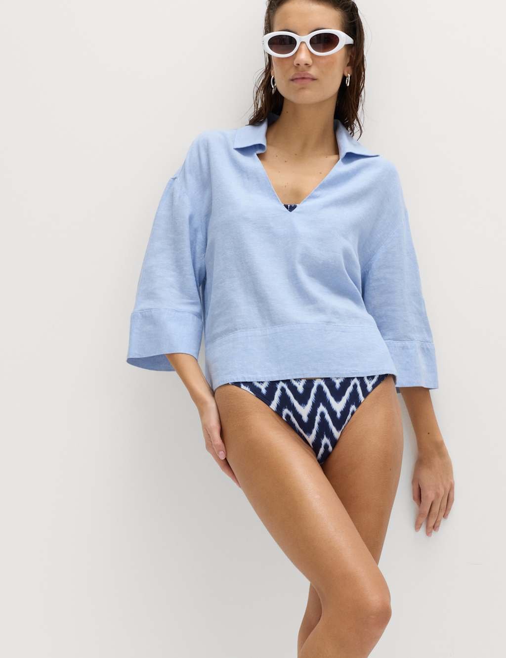 Marks & Spencer M&S Linen Rich Collared V-Neck Popover Top Chambray - 3