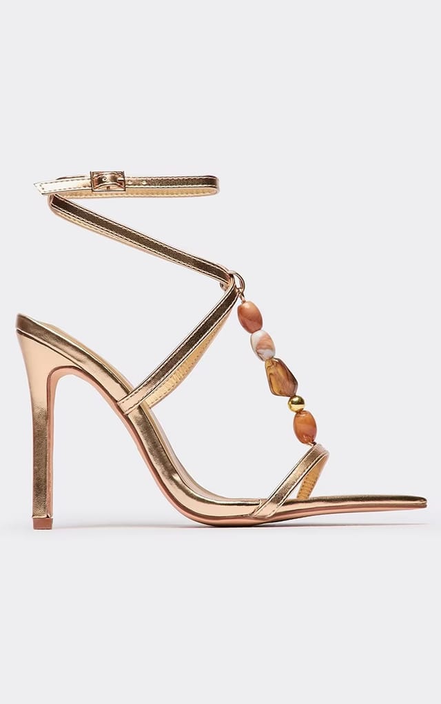 EGO Mirage Strappy Stone Detail Pointed Toe Stiletto Heel In Gold Faux Leather, Women's Size UK 3 - 2