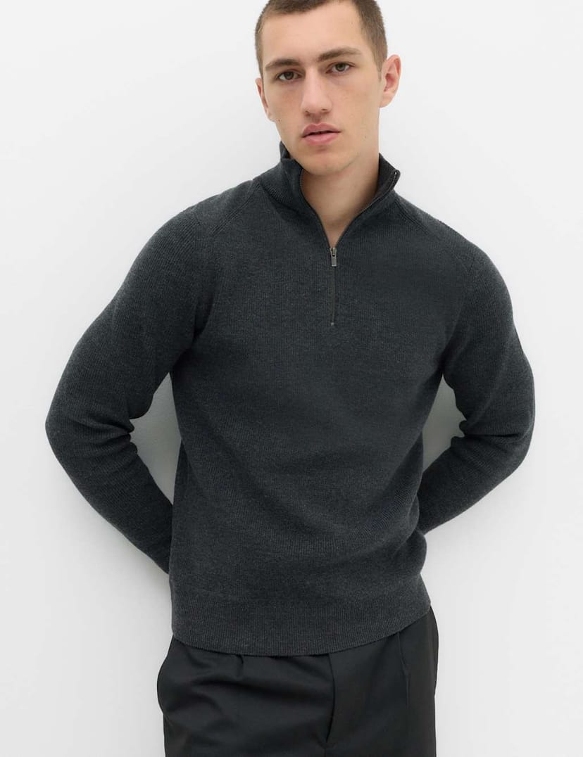 Marks & Spencer M&S Cotton Blend Ribbed Half Zip Jumper Dark Charcoal - 1