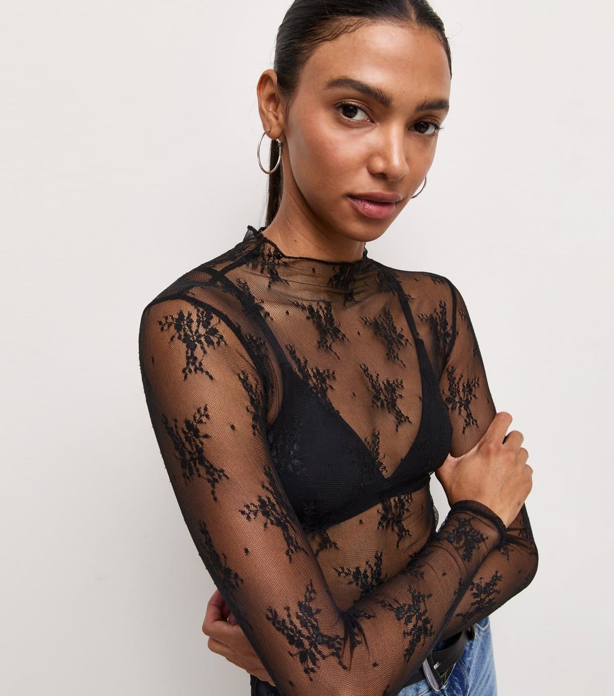 New Look Women's Black Sheer Floral Lace Long Sleeve Top New Look