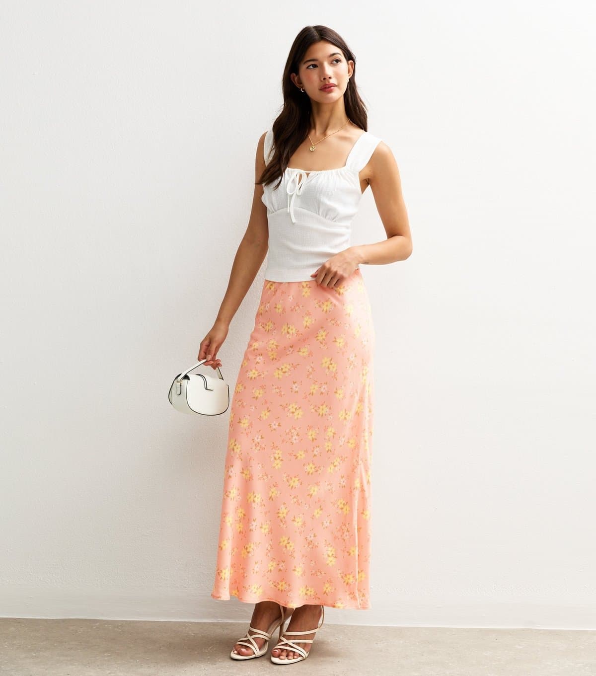 New Look Women's Pink Floral Print Bias Cut Midi Skirt New Look