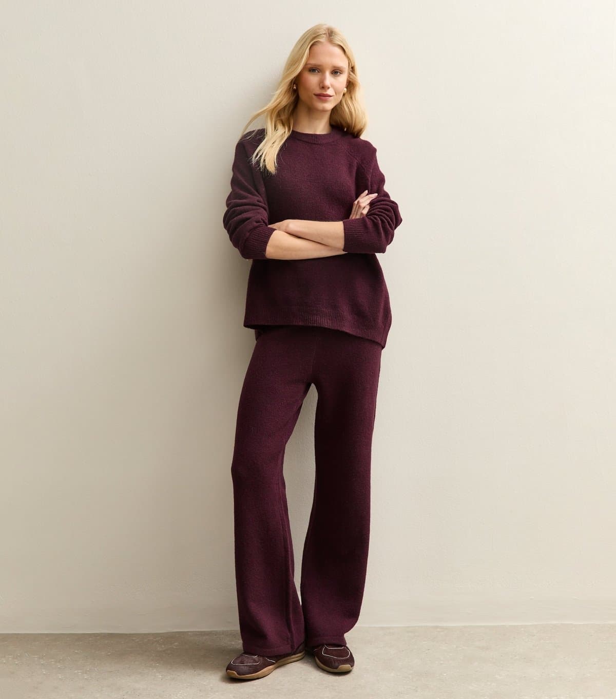 New Look Women's Dark Burgundy Knit Wide Leg Trousers New Look