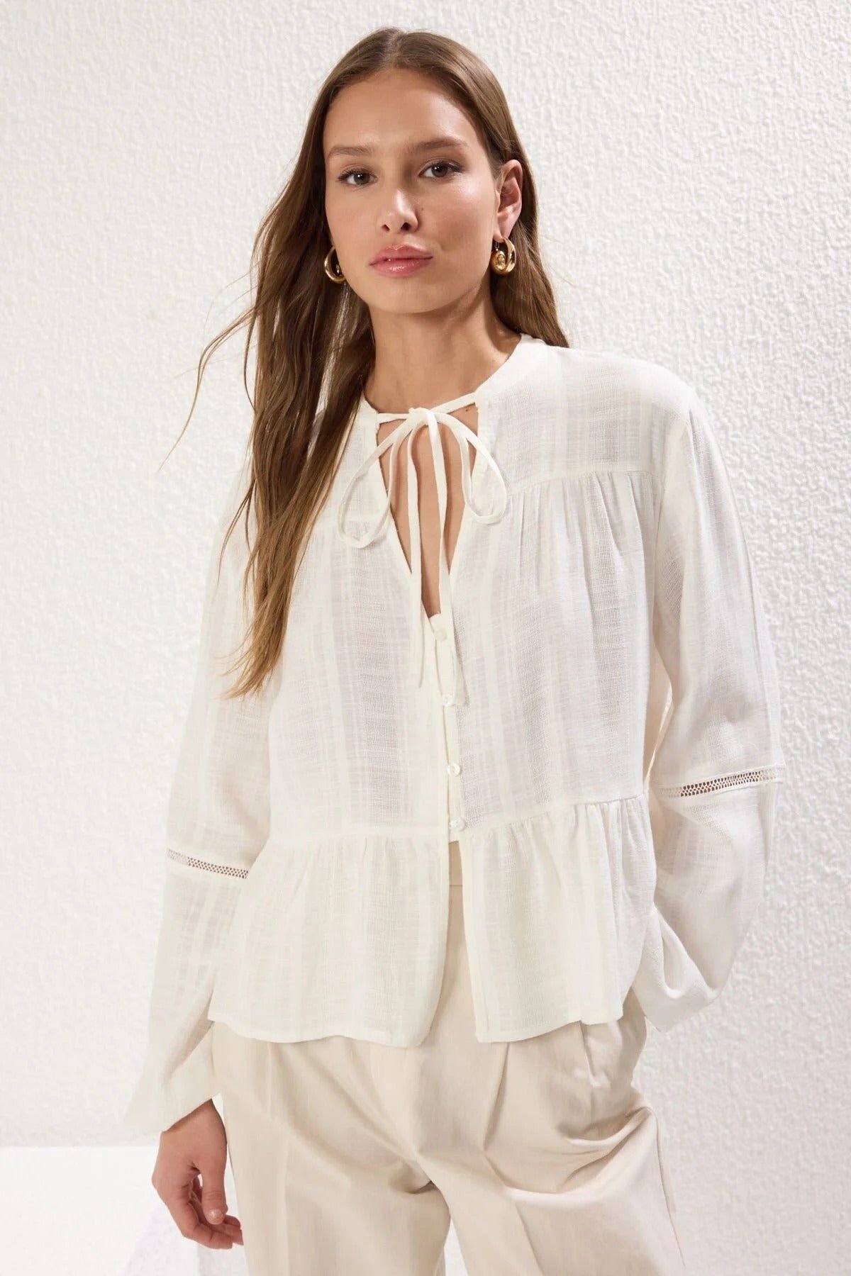 HOXTON GAL HOXTON GAL Women's Cotton Textured Shirt With Lace Sleeve Detail Regular Fit in White - 3