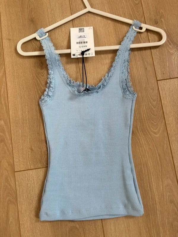 Bershka Light Blue Lace Henley Tank Top