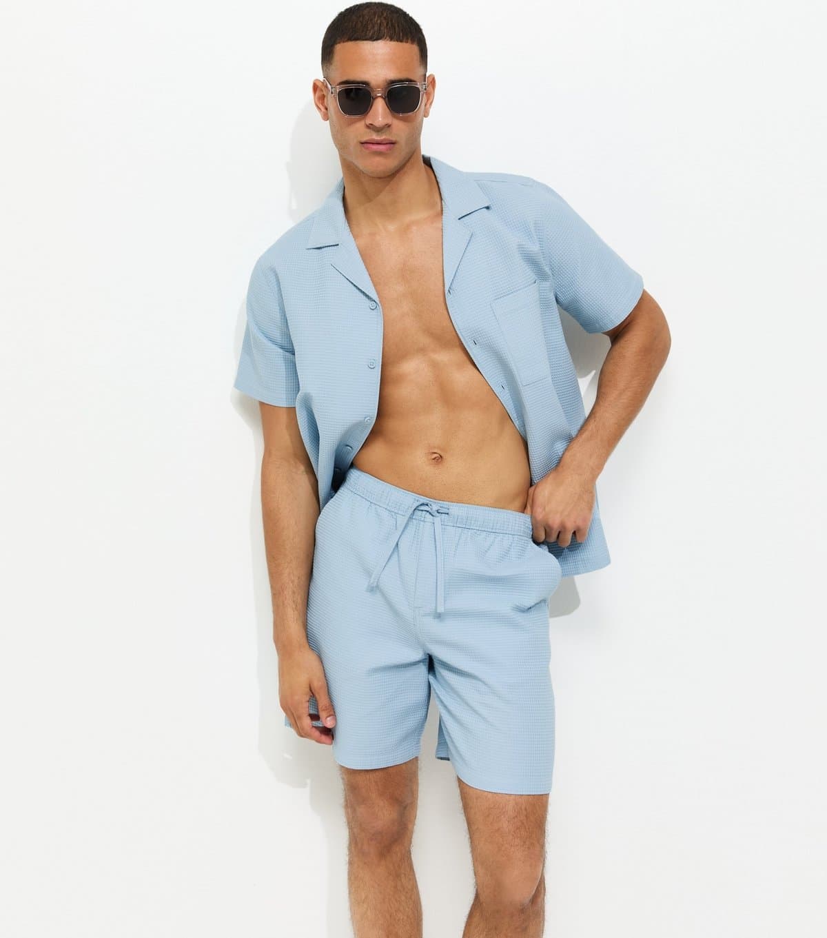 New Look Men's Light Blue Relaxed Waffle Drawstring Shorts New Look