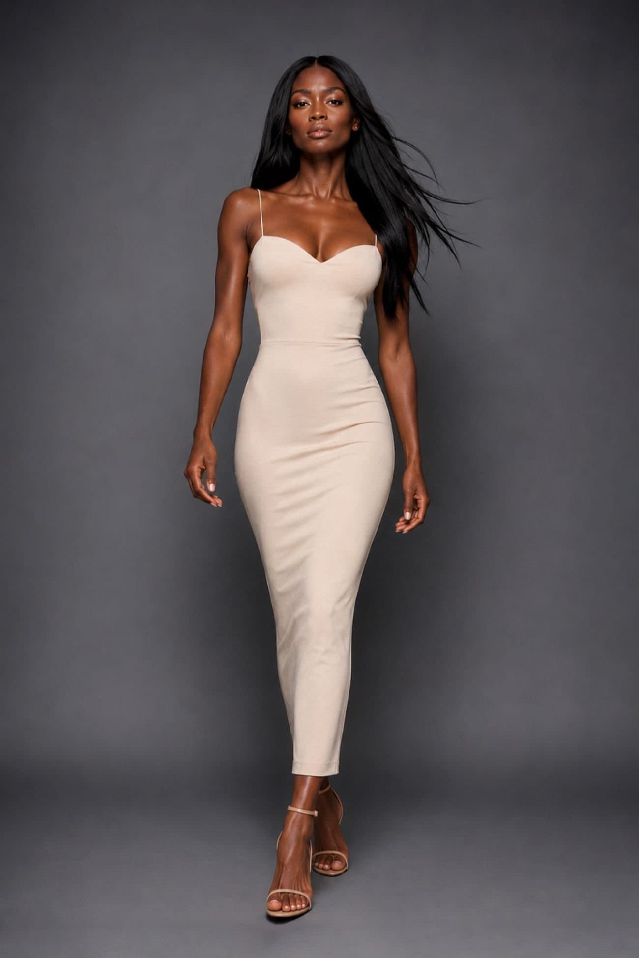Vesper Vesper Women's Cami Strap Plunge Midaxi Dress in Stone