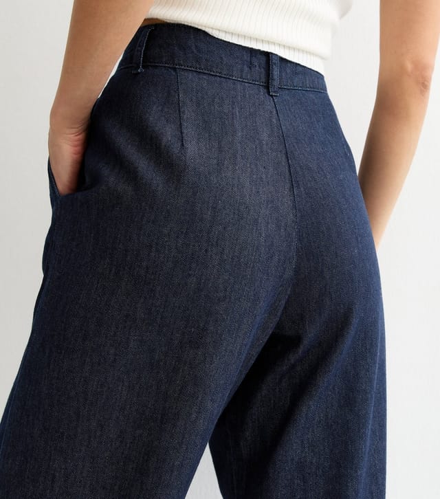 New Look Women's Tall Dark Blue Denim Pleated Wide Leg Trousers New Look - 3