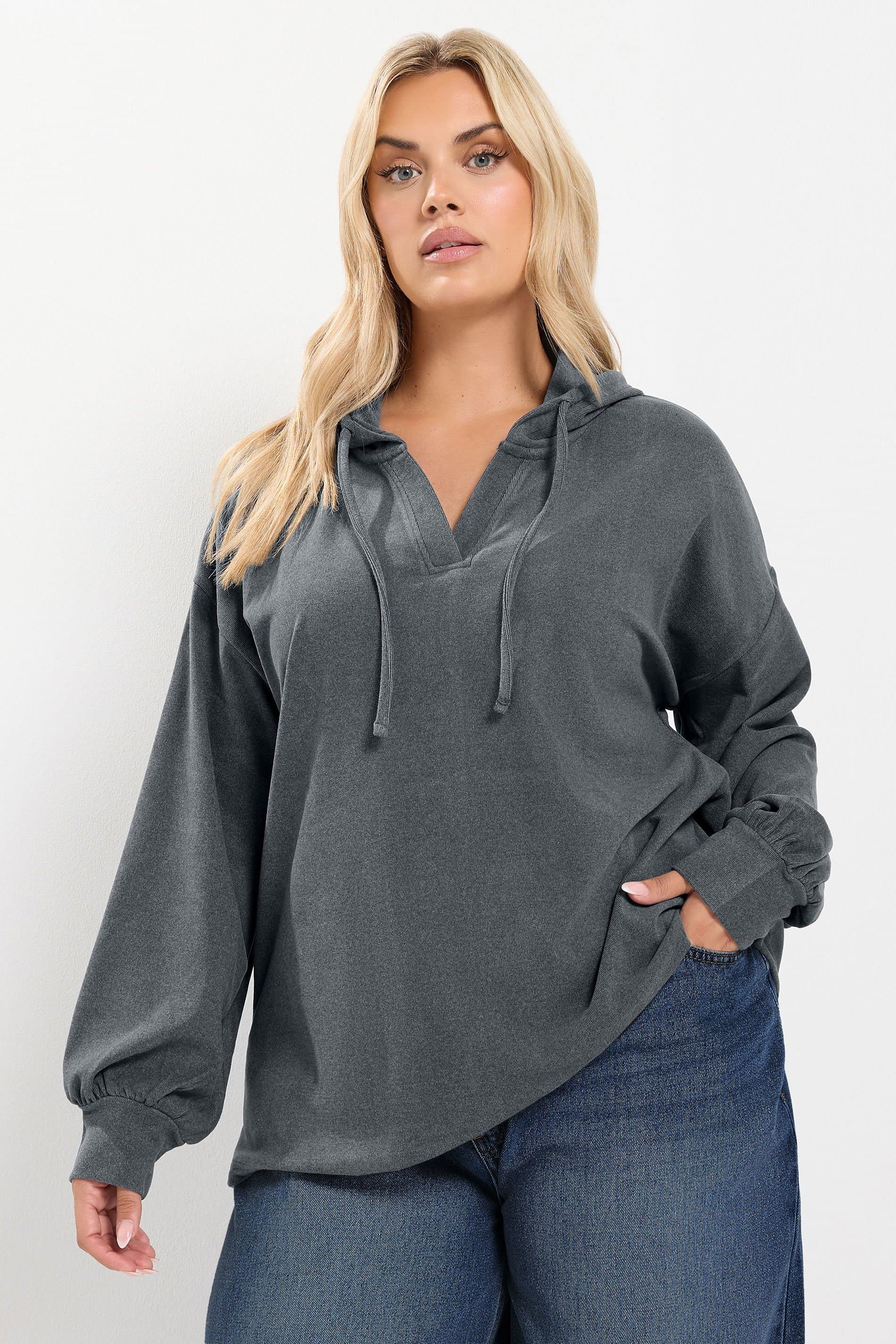 Yours Plus Size Charcoal Grey Balloon Sleeve Hoodie