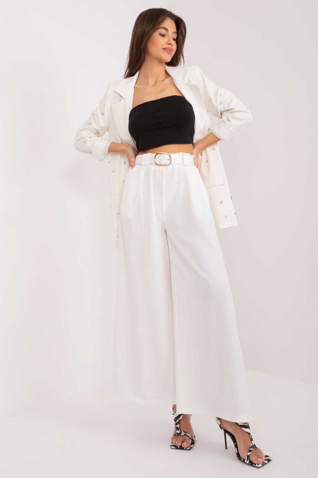 Love Lace Love Lace Women's High Waist Palazzo Pants with Belt in White
