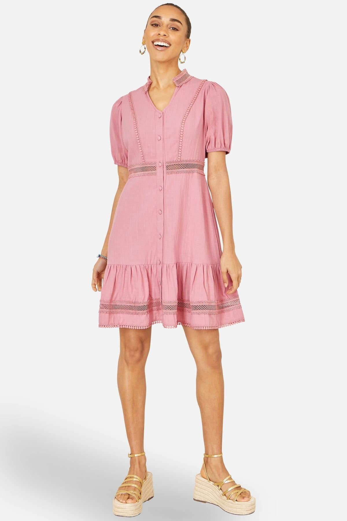 Yumi Yumi Women's Cotton Lace Trim Skater Shirt Dress in Dusty Pink