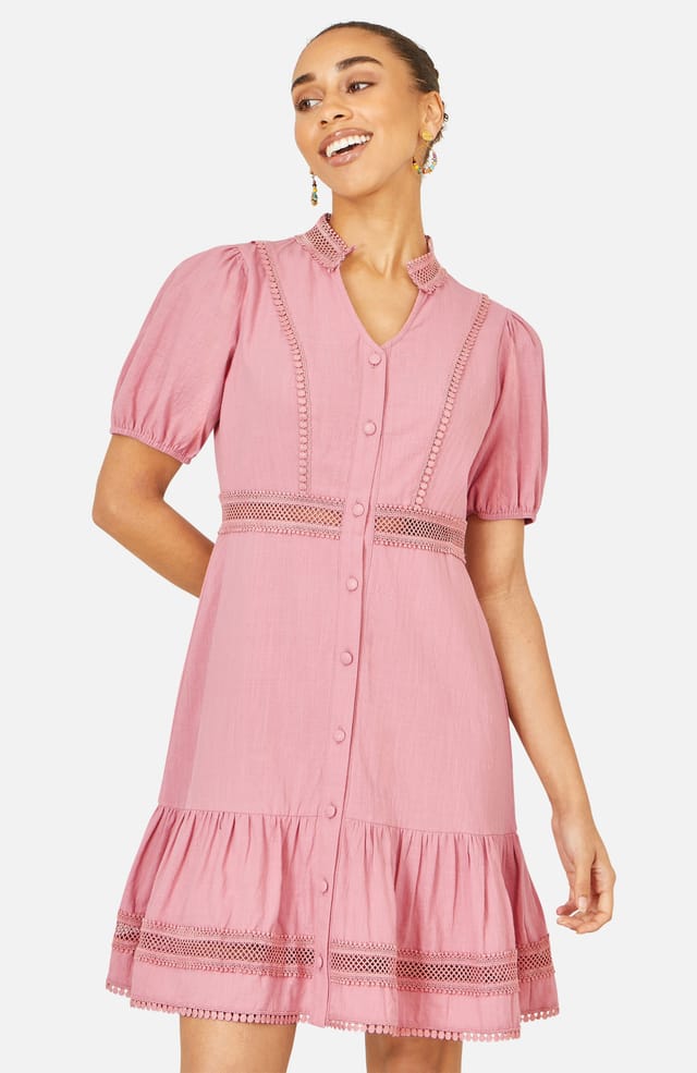 Yumi Yumi Women's Cotton Lace Trim Skater Shirt Dress in Dusty Pink - 2
