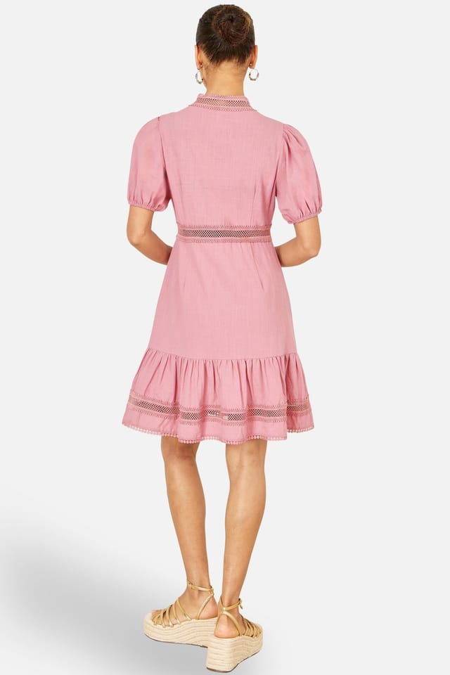 Yumi Yumi Women's Cotton Lace Trim Skater Shirt Dress in Dusty Pink - 3