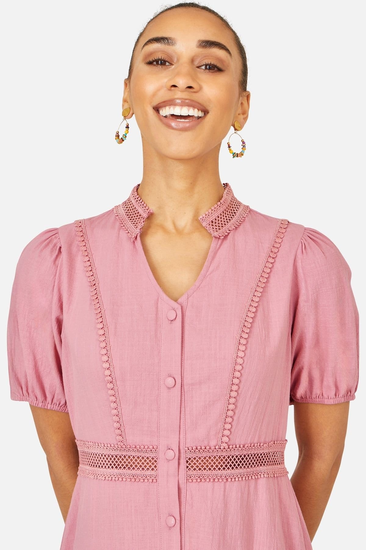 Yumi Yumi Women's Cotton Lace Trim Skater Shirt Dress in Dusty Pink - 4