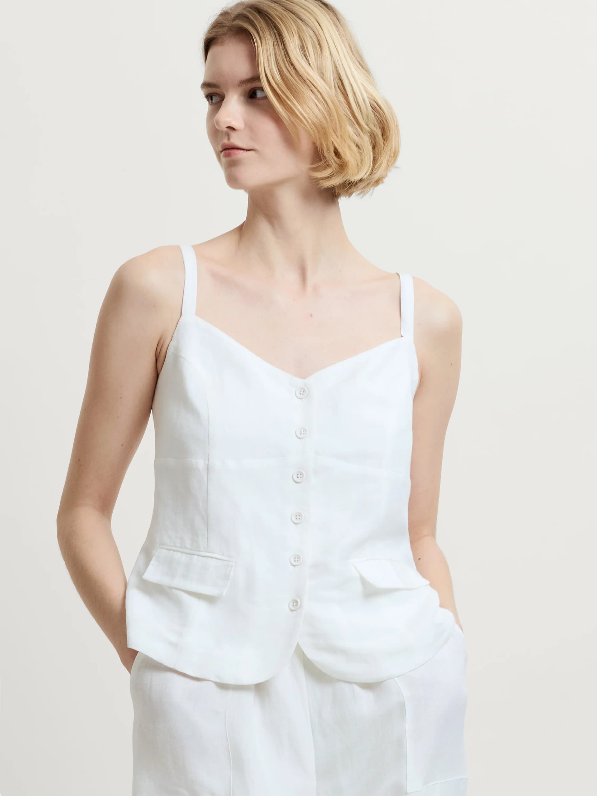 French Connection Cooper Linen Tailored Button Front Cami Top Summer White