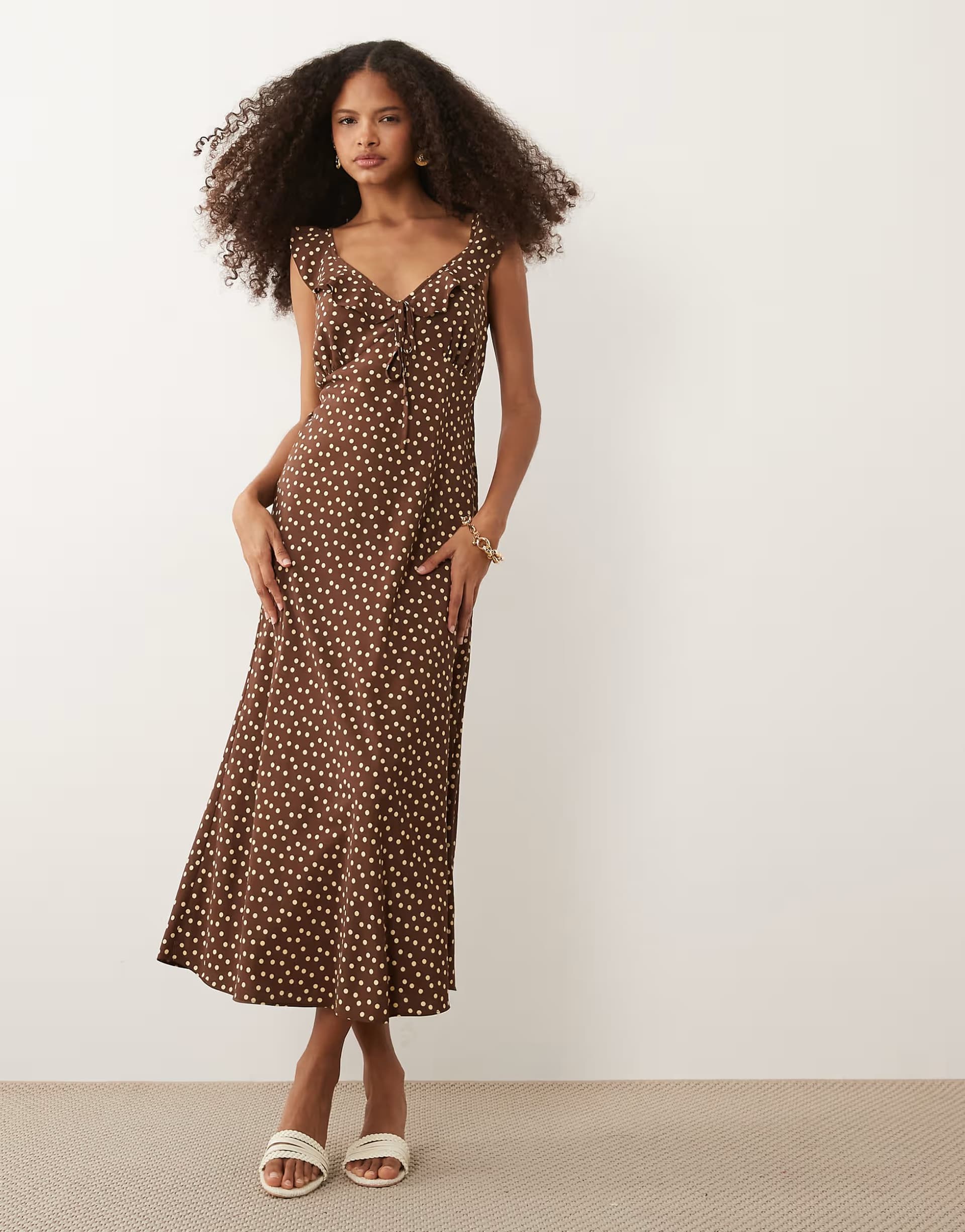 ASOS New Look ruffle detail polka dot midi dress in brown