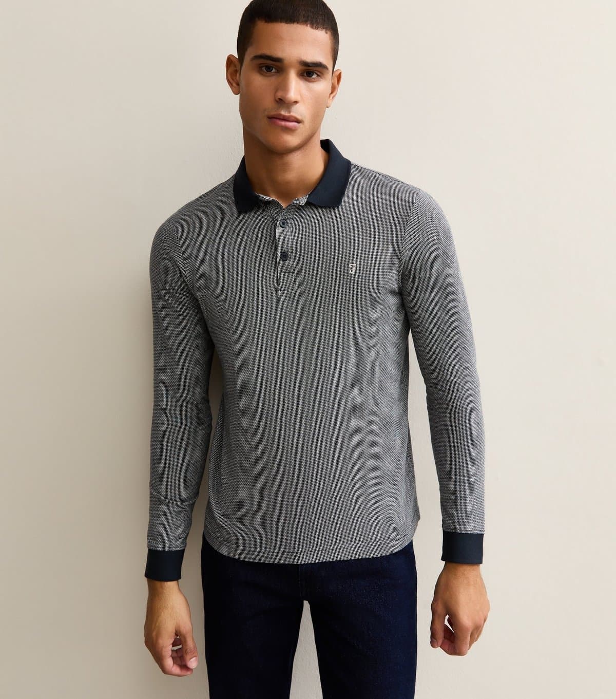 Farah Men's Navy Contrast Trim Long Sleeve Polo Shirt Farah New Look