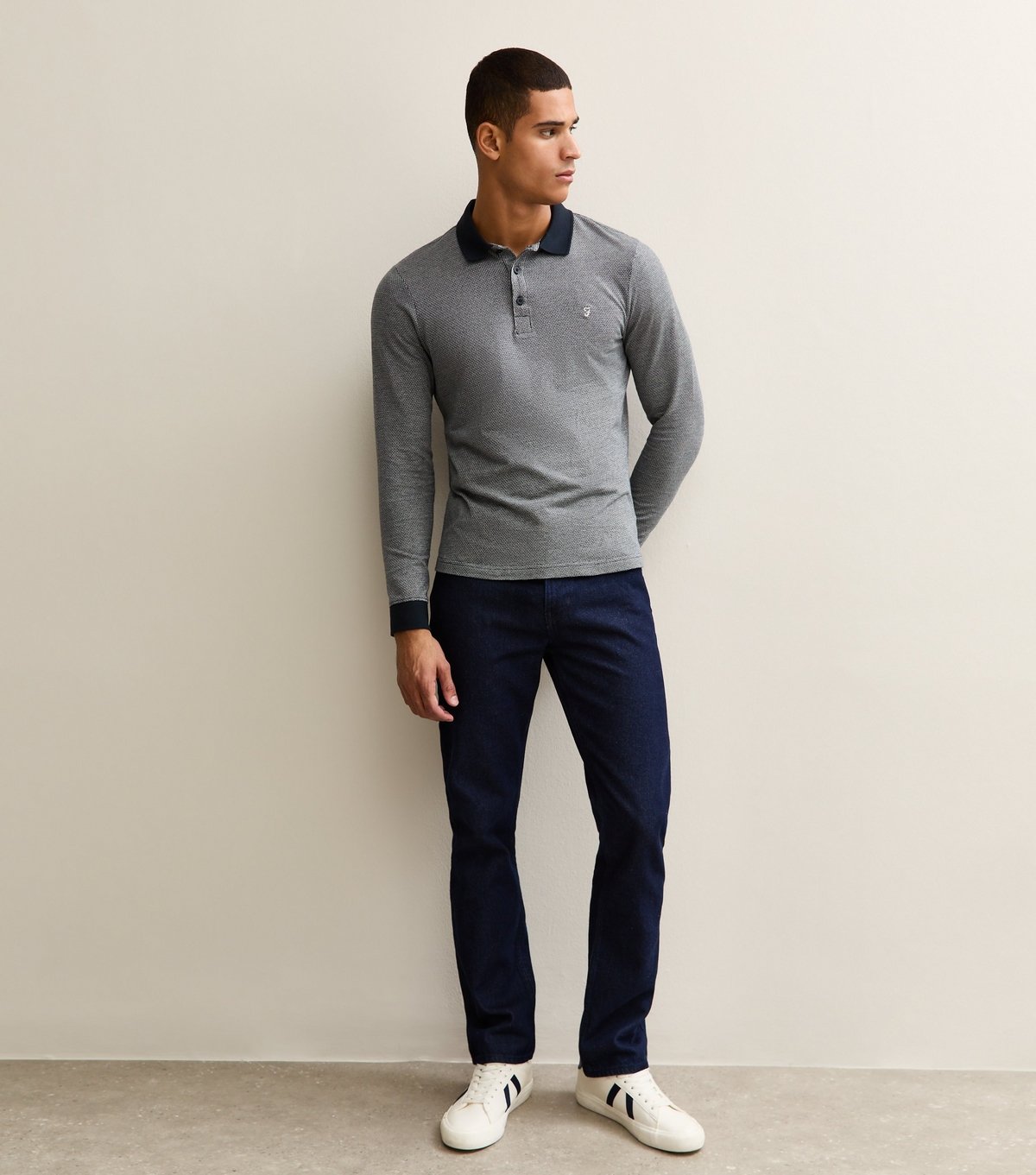 Farah Men's Navy Contrast Trim Long Sleeve Polo Shirt Farah New Look - 3