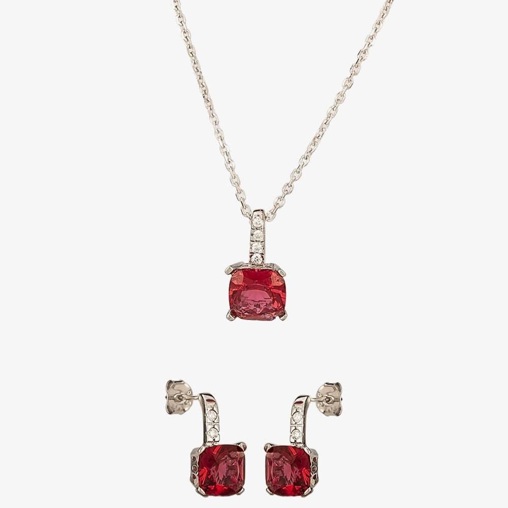 T.H.Baker T.H.Baker Women's Silver Red Cubic Zirconia Cushion-cut Pendant & Dropper Earring Set SET0470
