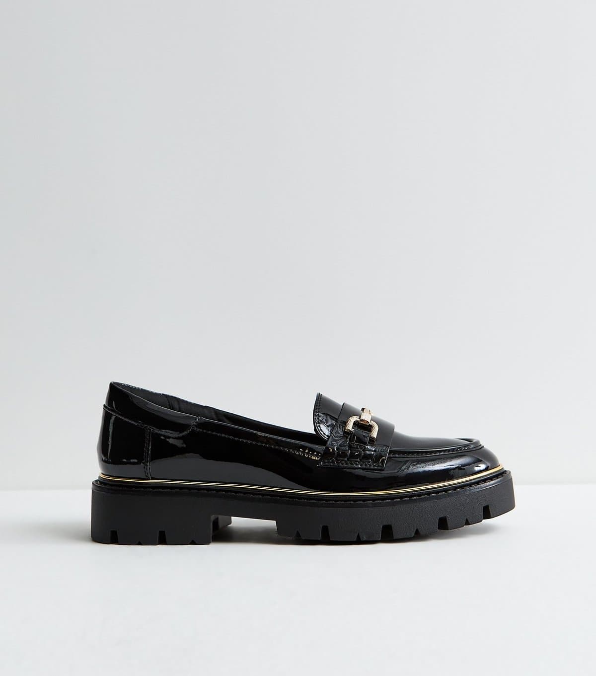 New Look Women's Black Patent Faux Leather Chunky Chain Loafers Vegan New Look