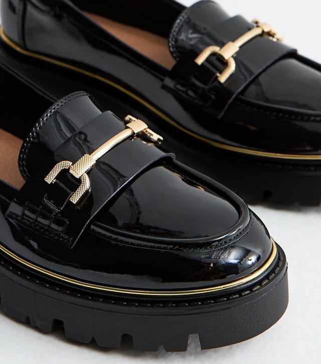 New Look Women's Black Patent Faux Leather Chunky Chain Loafers Vegan New Look - 3