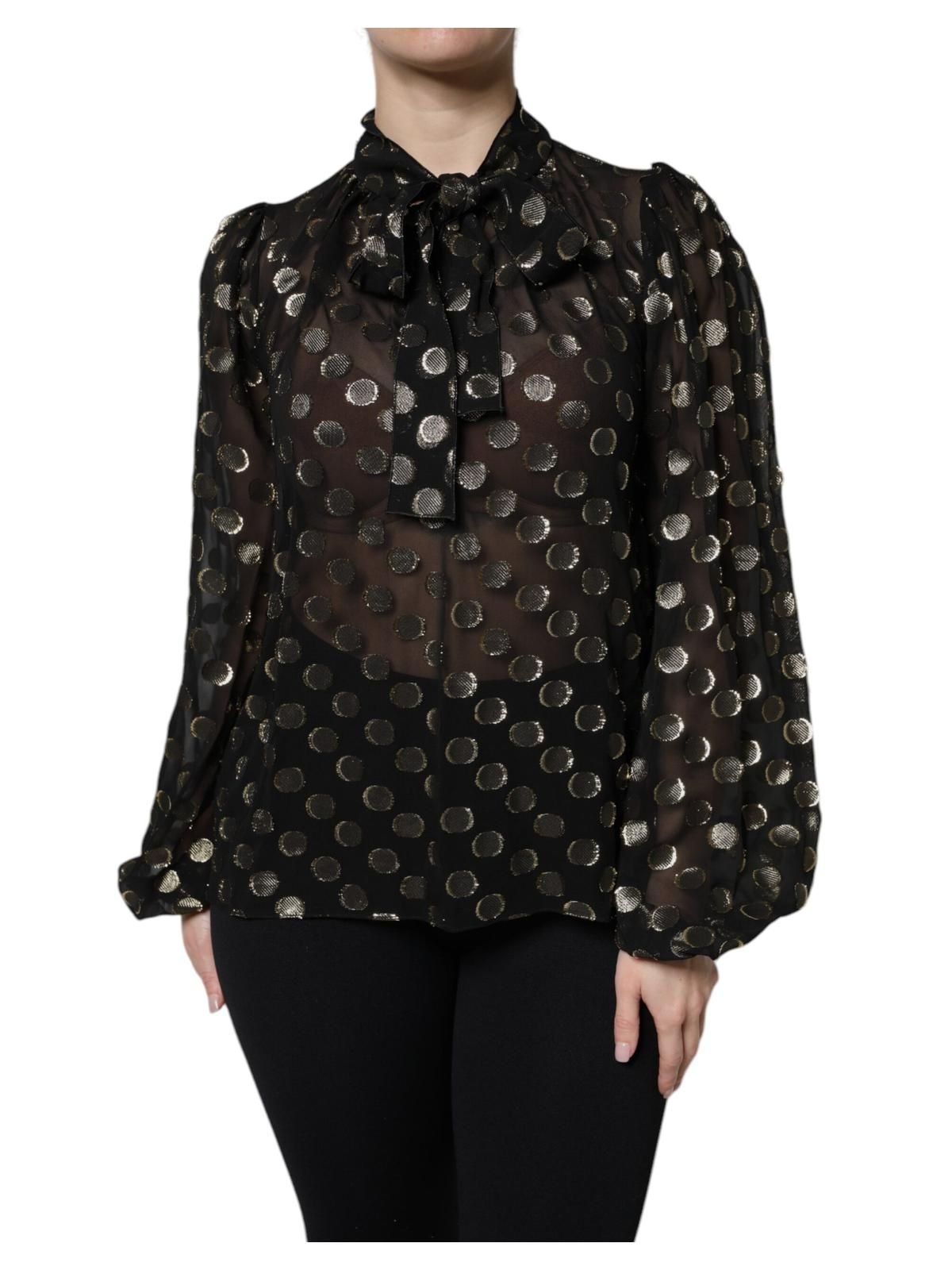 Dolce & Gabbana Dolce & Gabbana Women's Black Sheer Tied Neck Polka Dots Blouse Top in Gold - 2