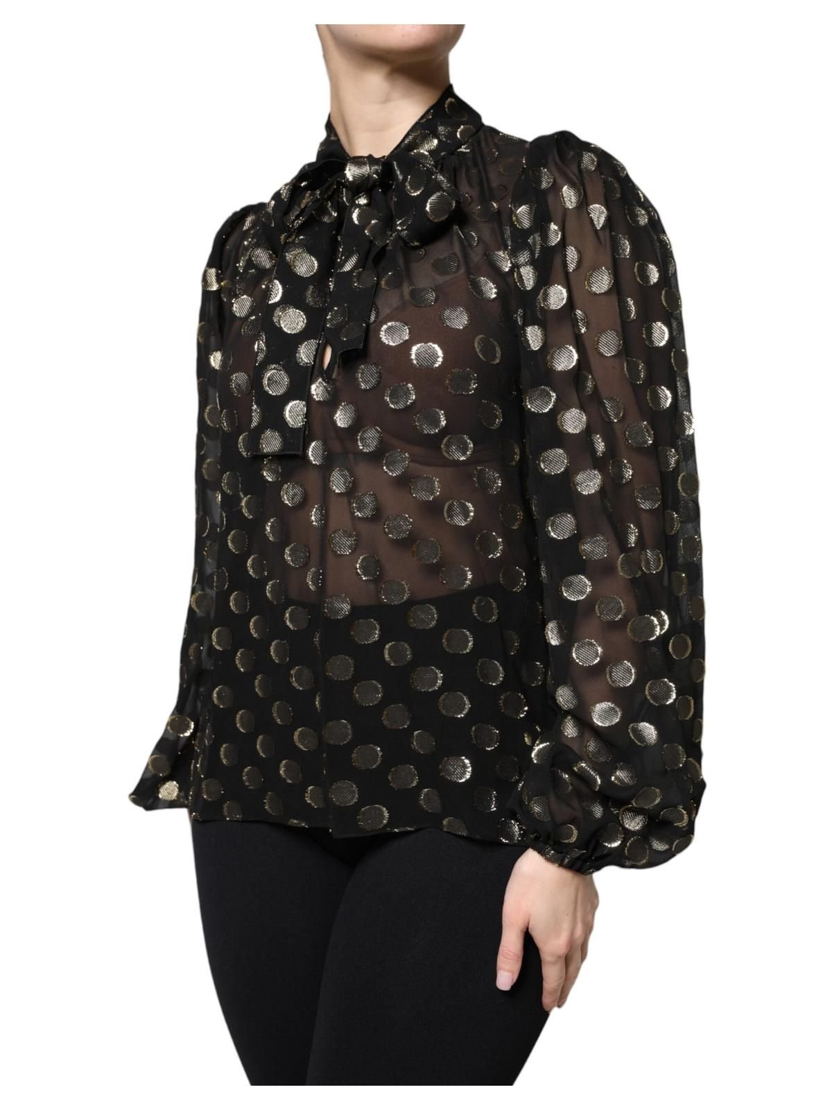 Dolce & Gabbana Dolce & Gabbana Women's Black Sheer Tied Neck Polka Dots Blouse Top in Gold - 3