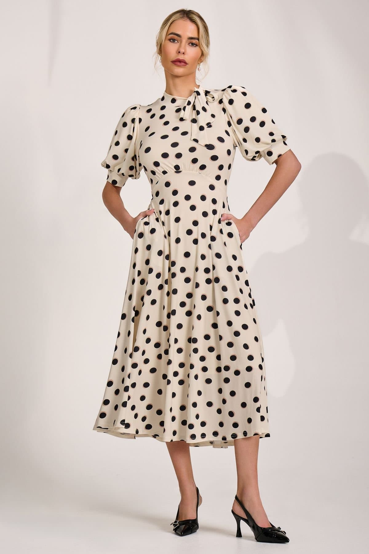 Jolie Moi Jolie Moi Women's Tie Neck Puffy Sleeve Jersey Midi Dress