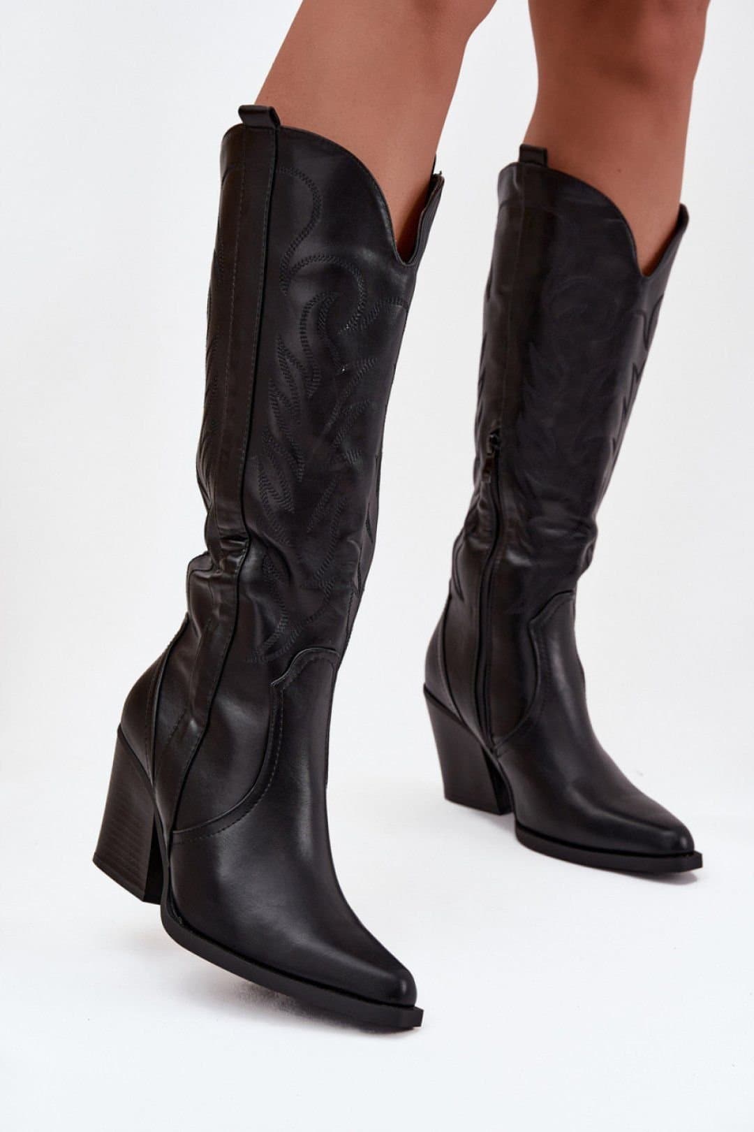 Love Lace Love Lace Women's Cowboy Slip On Boots with Cut Out Column Heel Zipper in Black