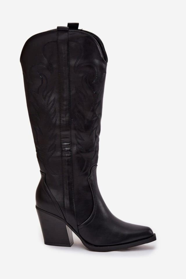 Love Lace Love Lace Women's Cowboy Slip On Boots with Cut Out Column Heel Zipper in Black - 2