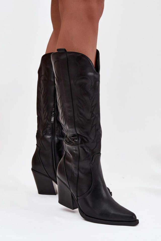 Love Lace Love Lace Women's Cowboy Slip On Boots with Cut Out Column Heel Zipper in Black - 3