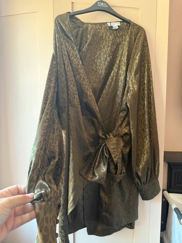 Never Fully Dressed Gold leopard print silk wrap dress