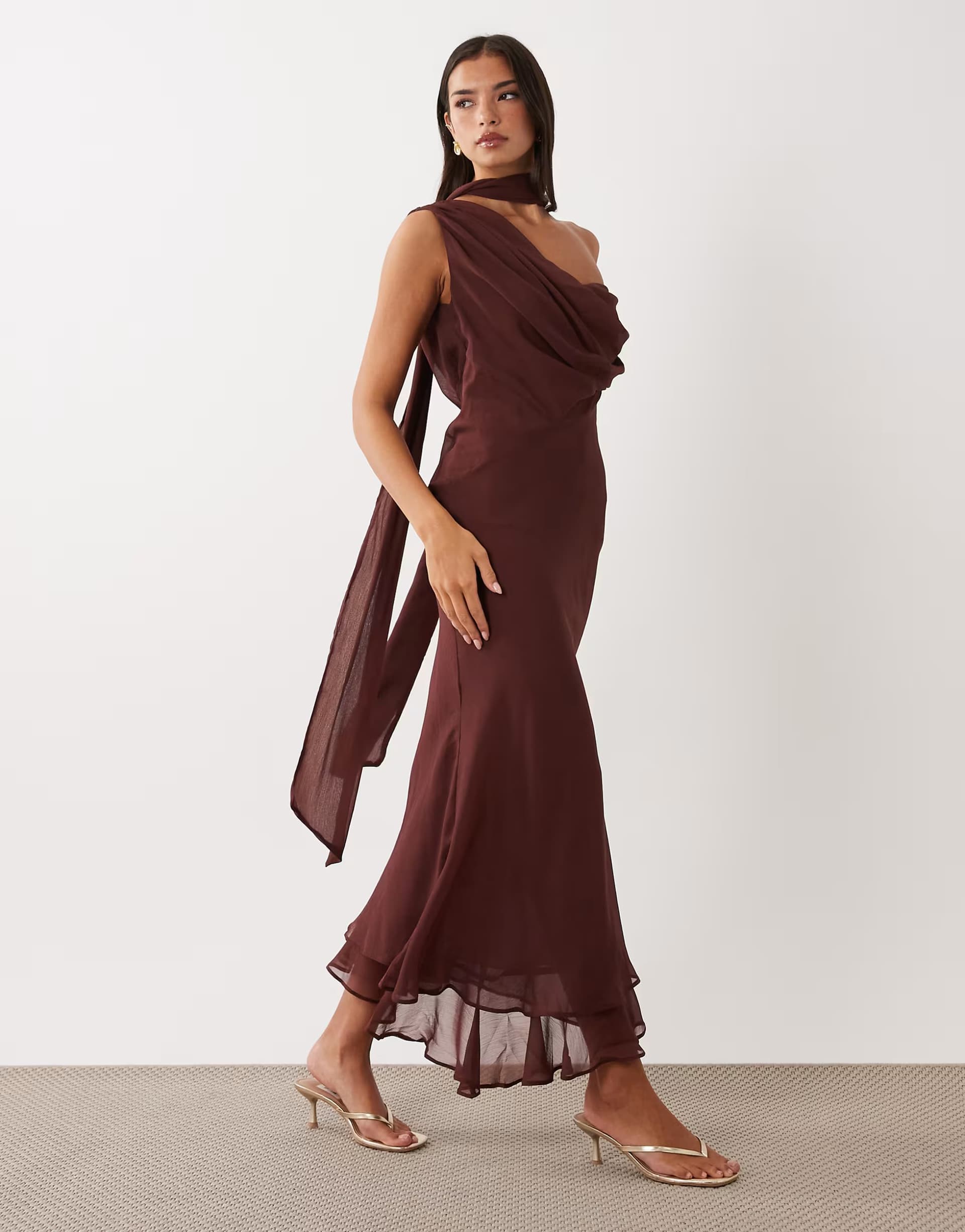 ASOS ASOS DESIGN draped off shoulder scarf detail double layer maxi dress in rust brown