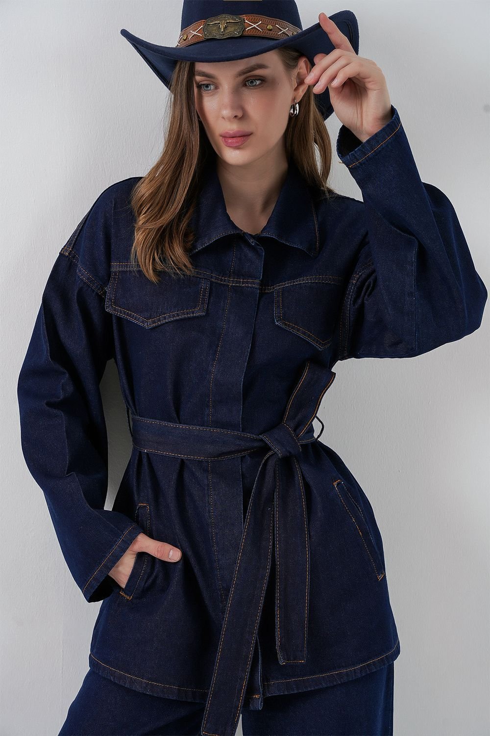 Big Dart Big Dart Women's Denim Set with Pocket Detailed Jacket & Straight Leg Pants in Navy - 2