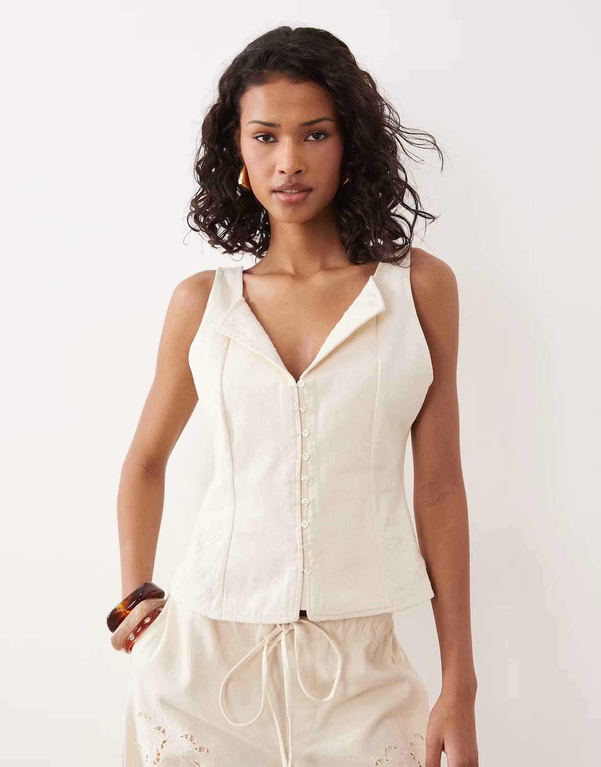 ASOS DESIGN Ecru Denim Embroidered Top Co-ord