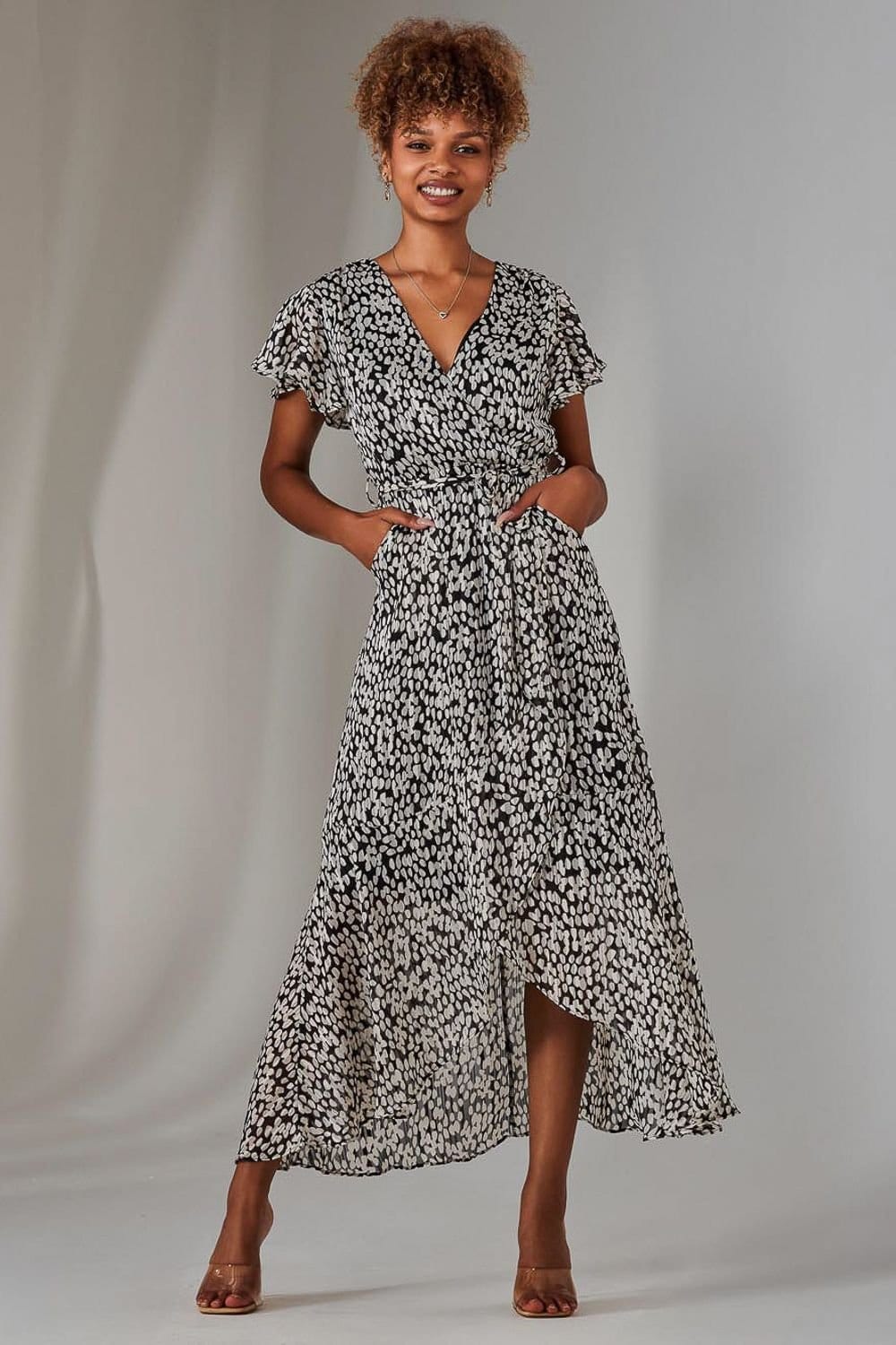 Jolie Moi Jolie Moi Women's Chiffon Print Frill Dip Hem Maxi Dress in Off-White - 4