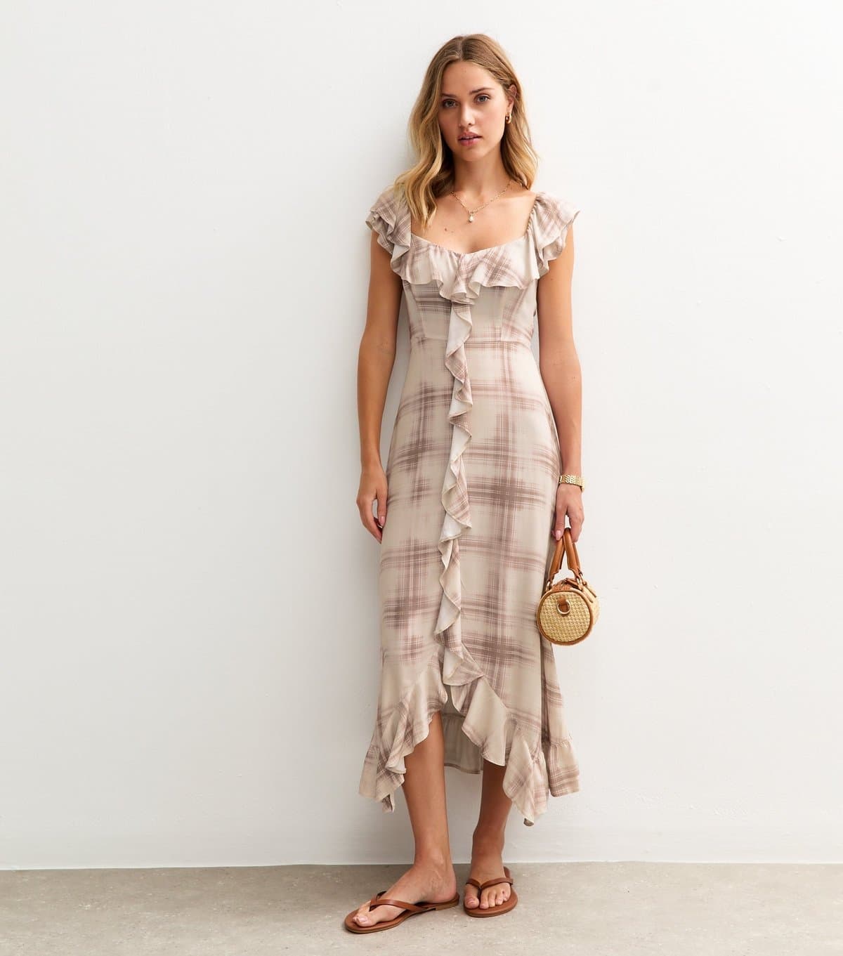 New Look Women's Cream Checked Ruffle Trim Midi Dress New Look