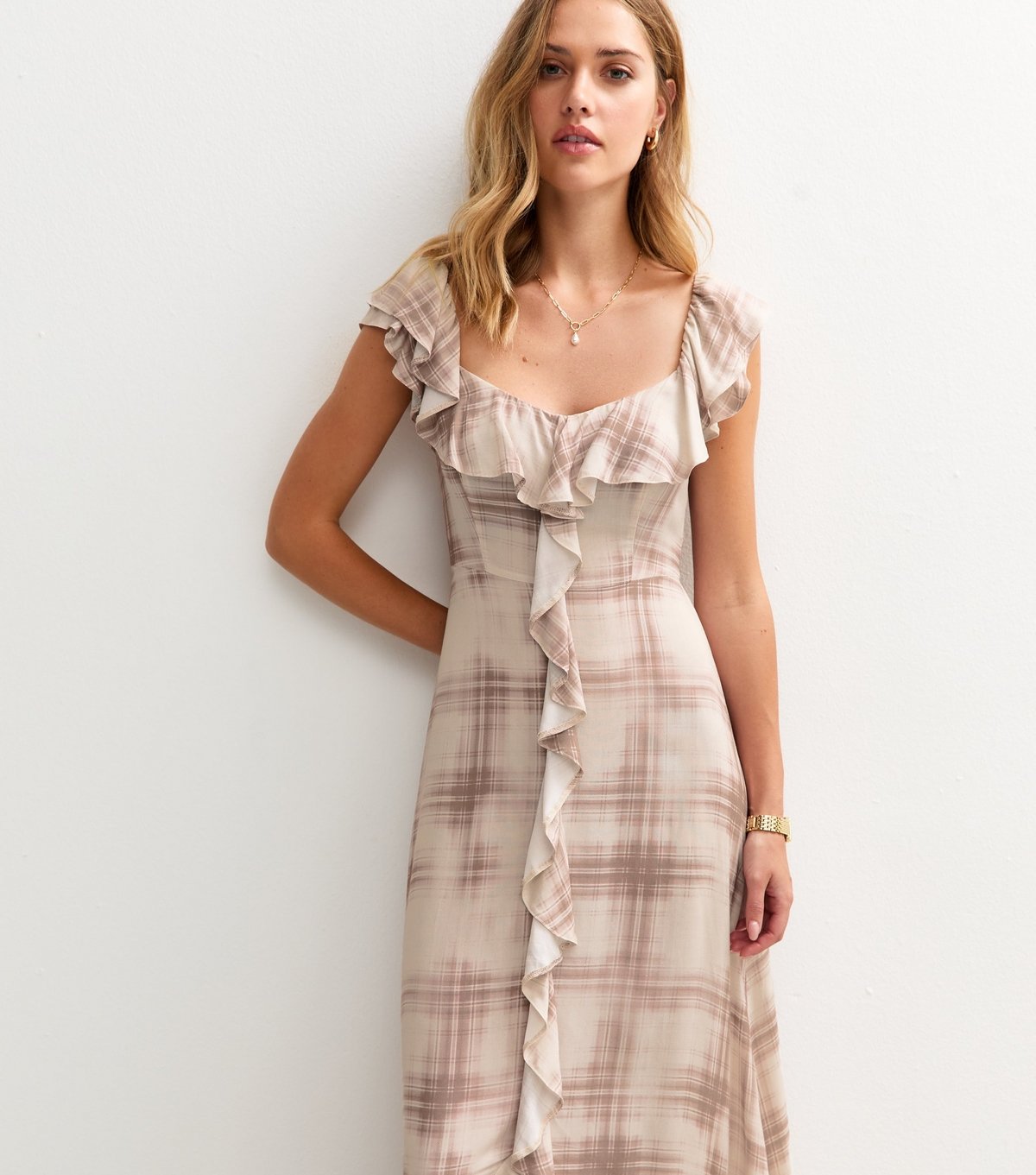 New Look Women's Cream Checked Ruffle Trim Midi Dress New Look - 2