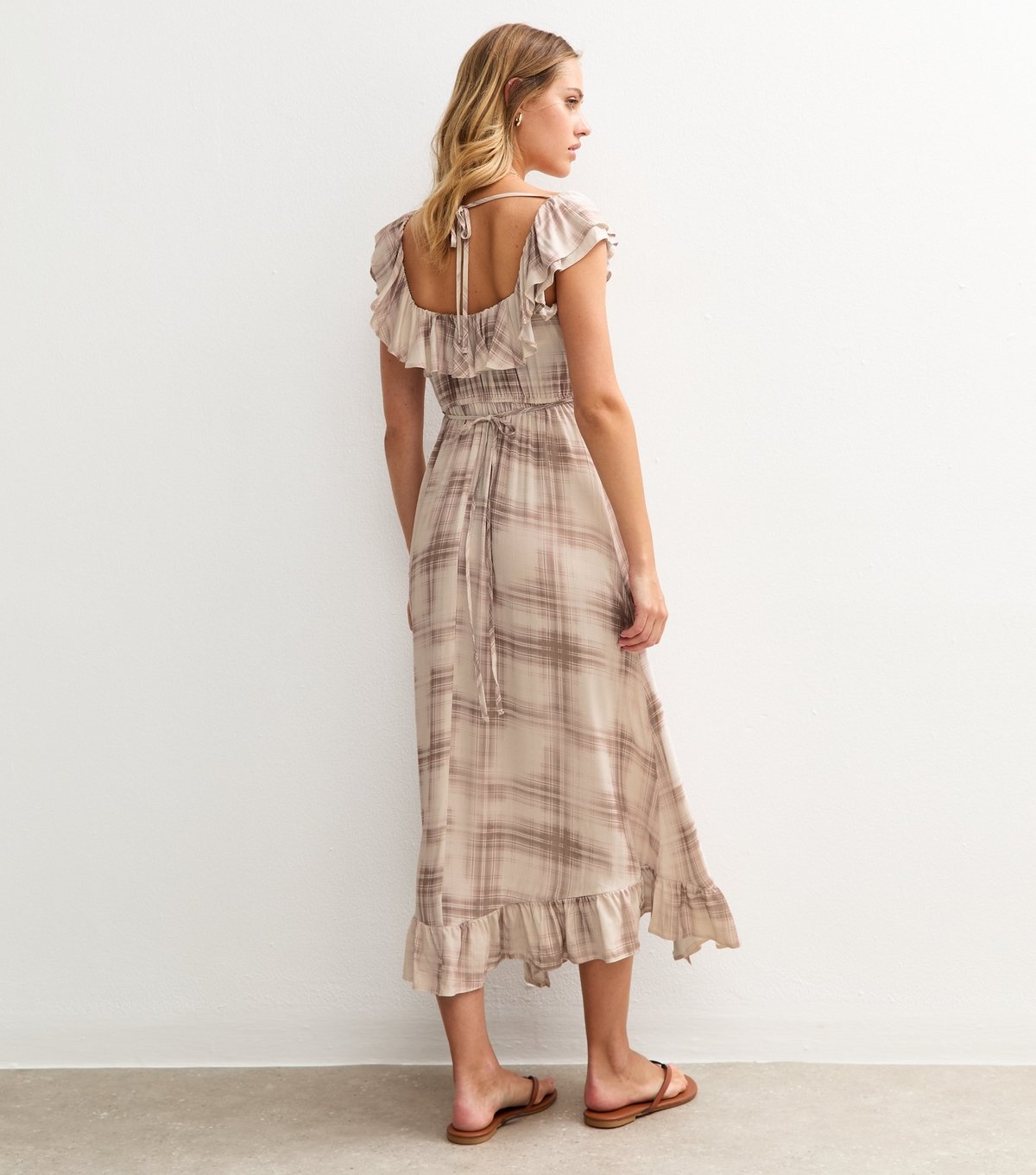 New Look Women's Cream Checked Ruffle Trim Midi Dress New Look - 4