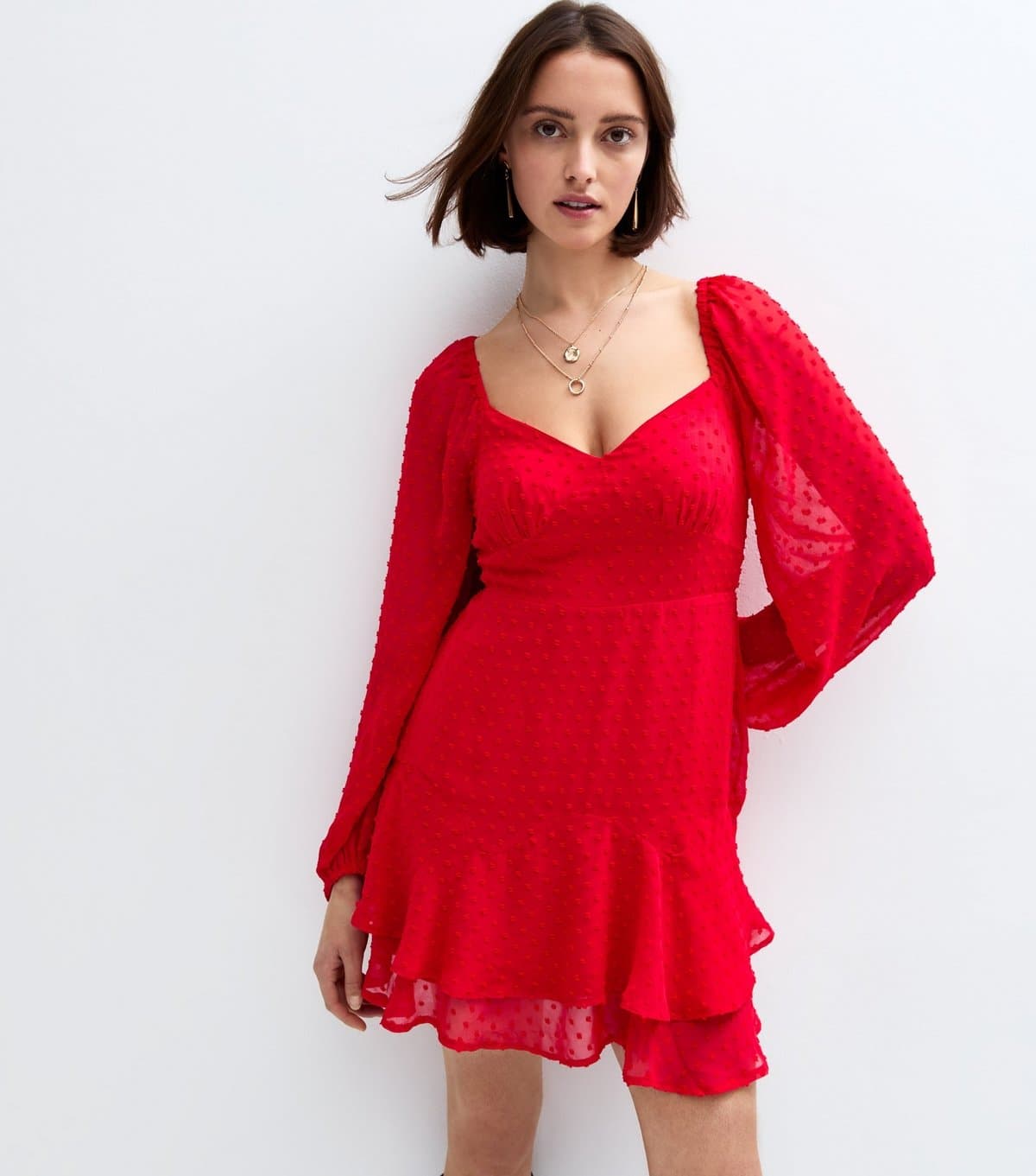 New Look Women's Red Bobble Stitched Chiffon Mini Dress New Look