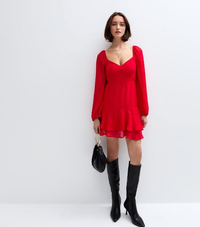 New Look Women's Red Bobble Stitched Chiffon Mini Dress New Look - 3