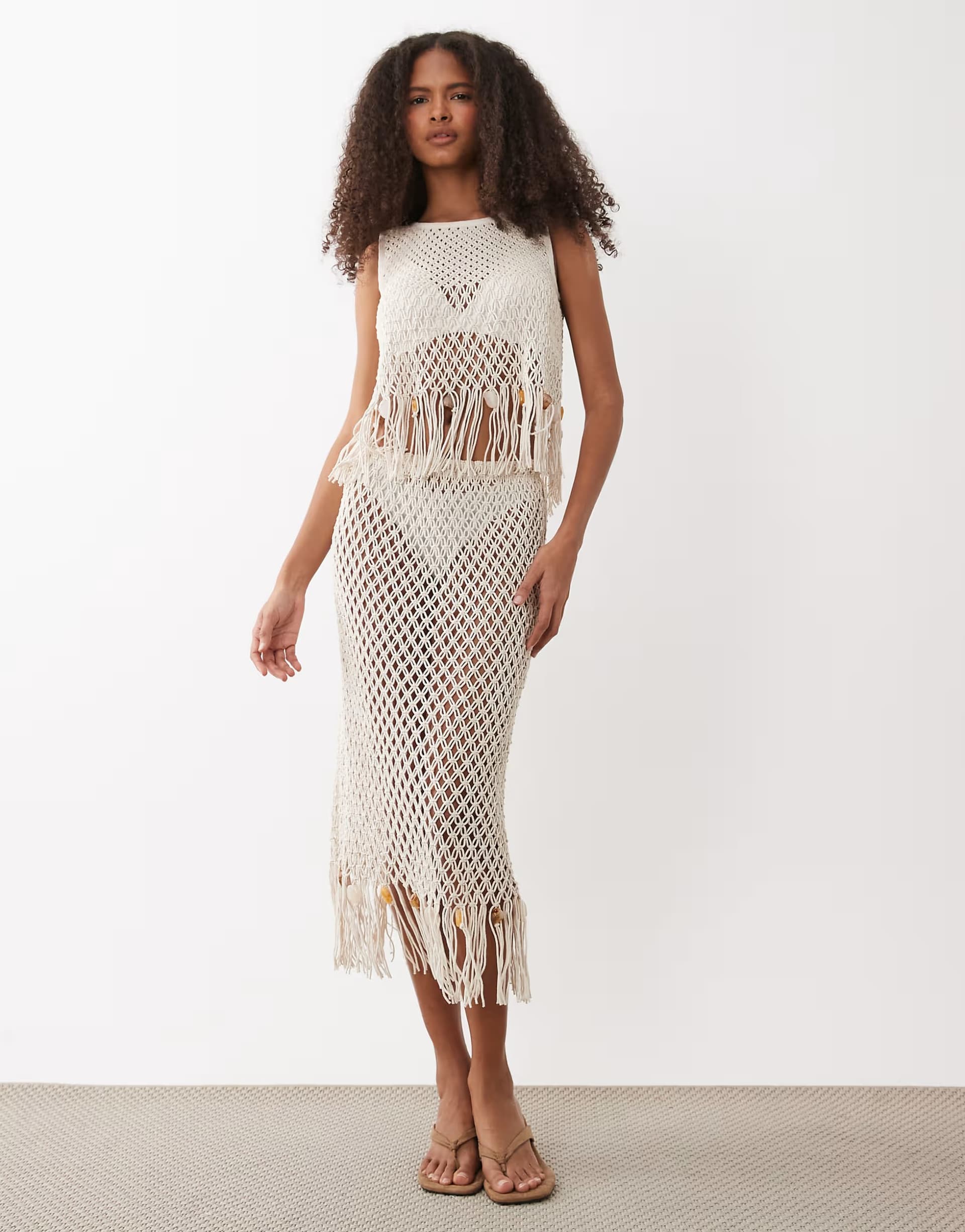 ASOS ASOS DESIGN crochet fringed beaded top & skirt co-ord in white