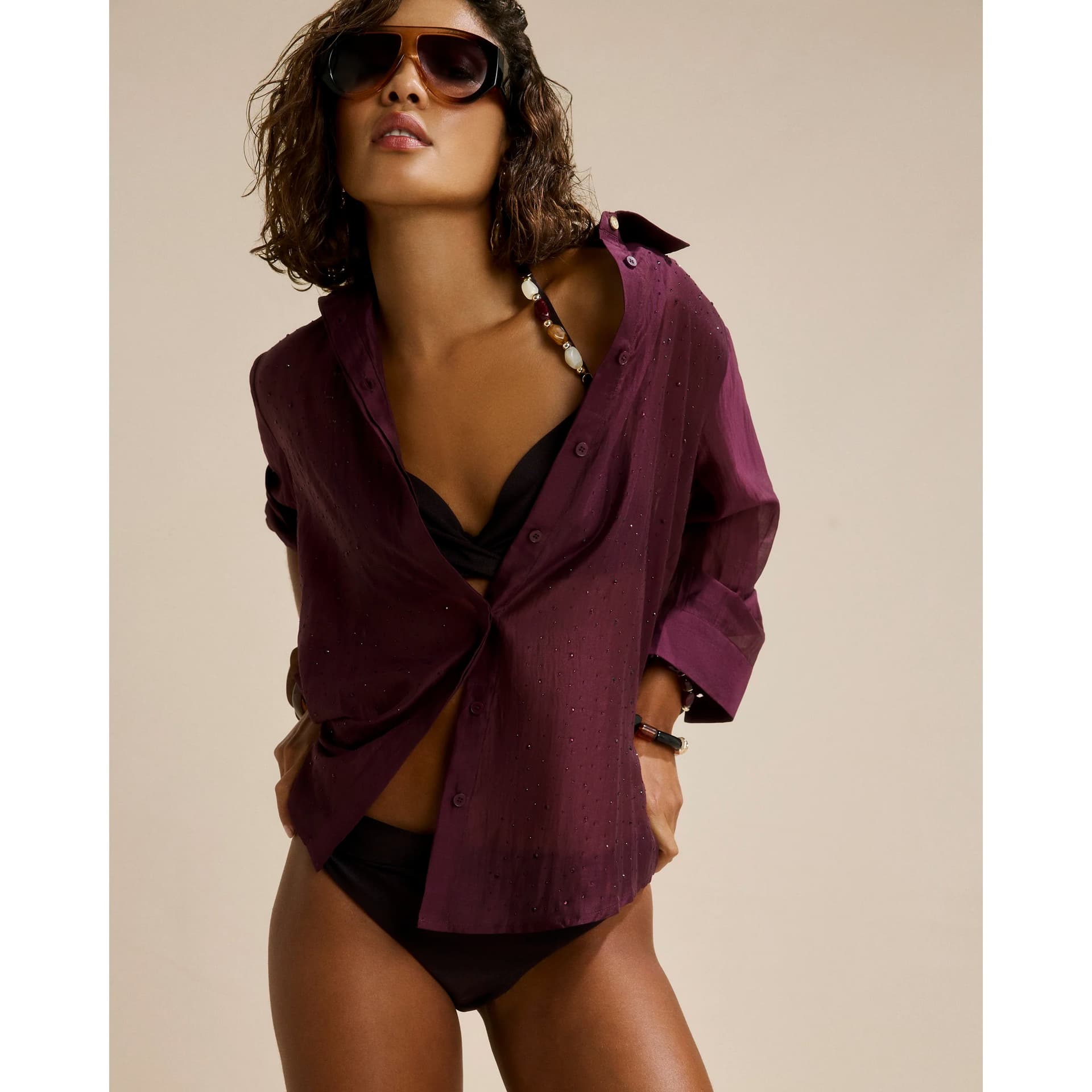 River Island River Island Womens Purple Hot Fix Beach Shirt