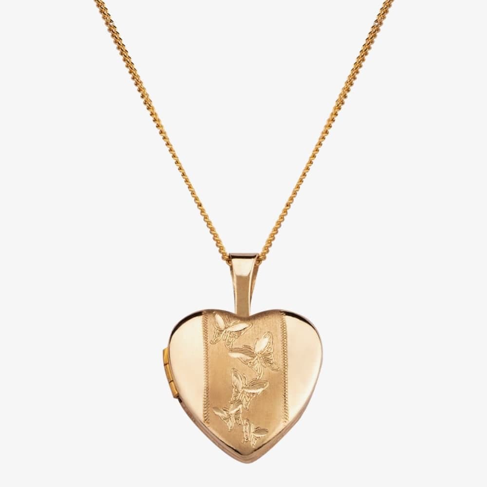T.H.Baker T.H.Baker Women's 9ct 18x12xm Etched Butterflies Heart Locket 1.65.2081 in Gold