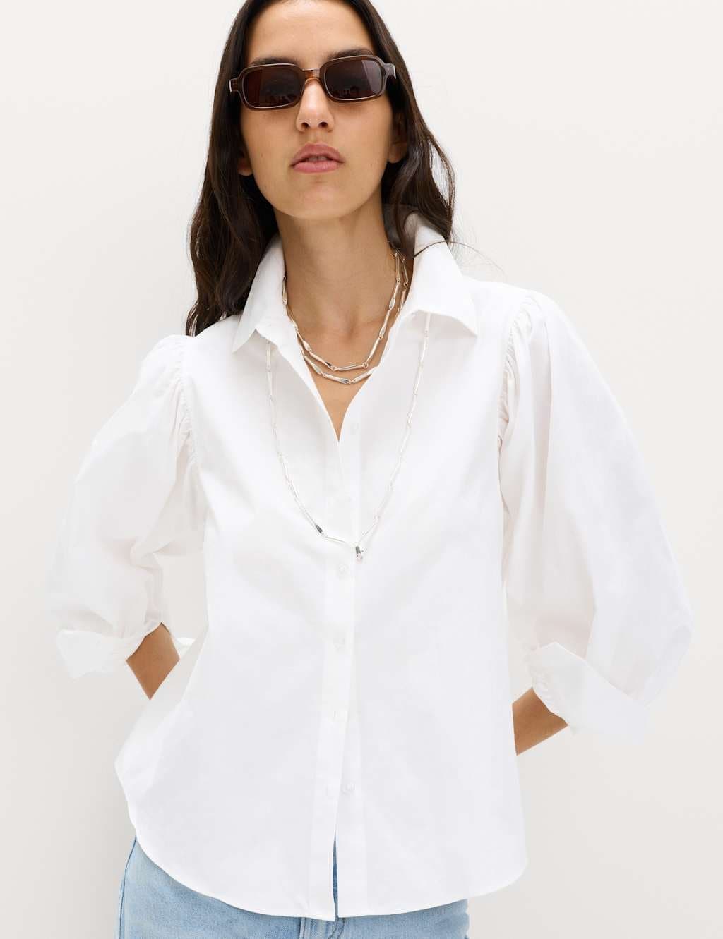 Marks & Spencer M&S Soft White Cotton Blouson Sleeve Shirt
