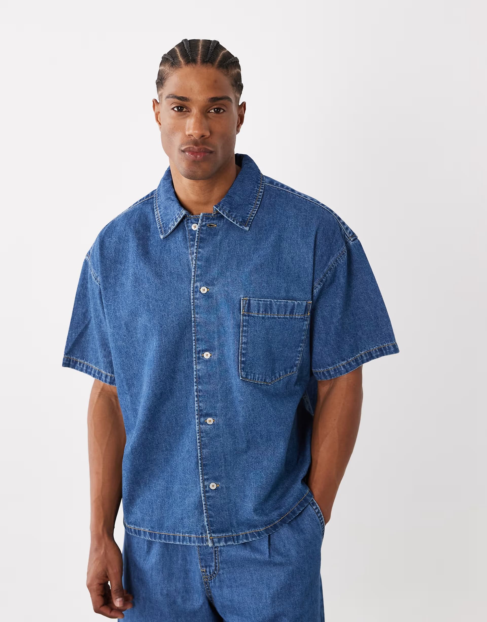 ASOS Jack & Jones co-ord short sleeve denim shirt in mid blue